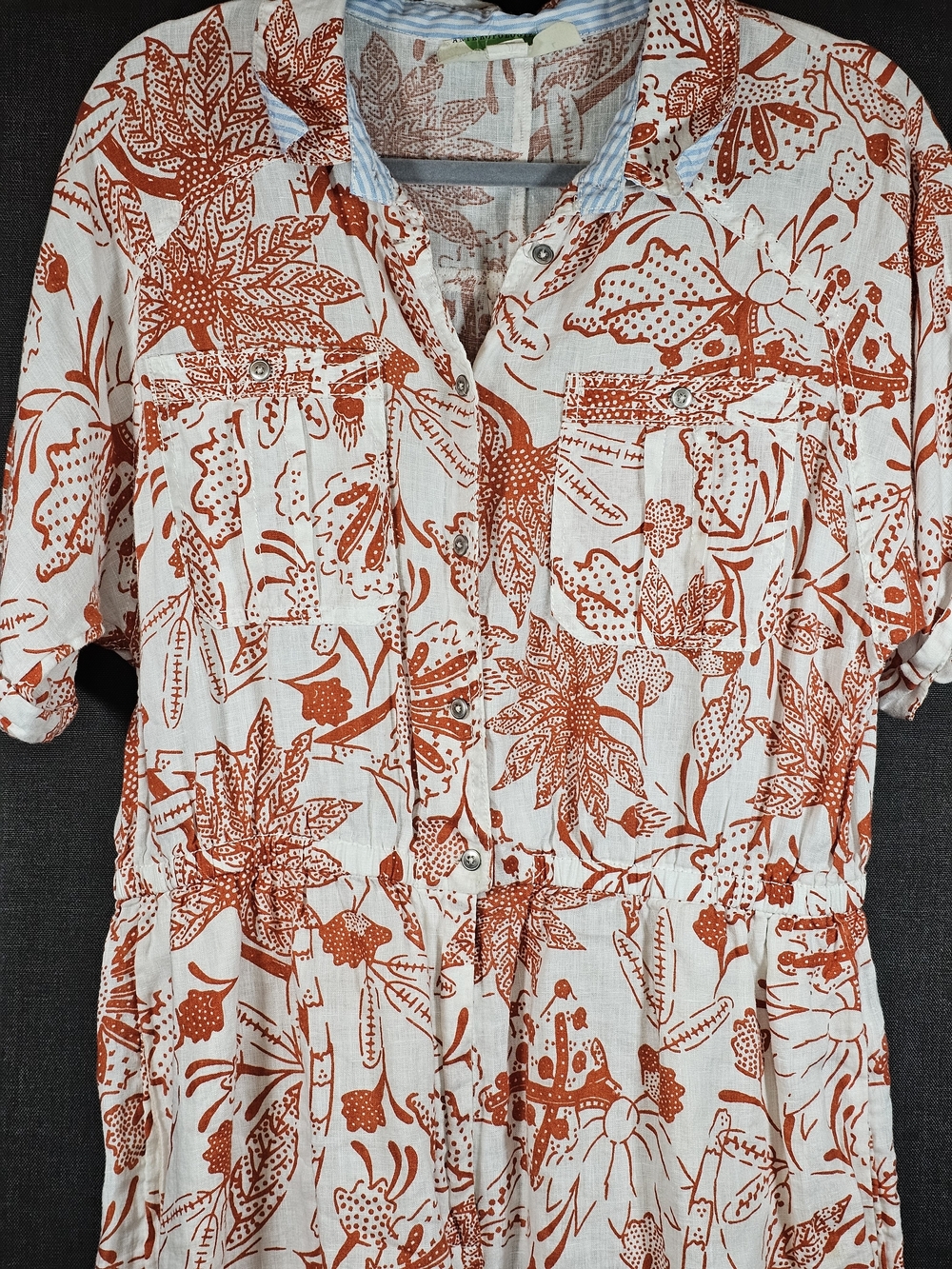 Anthropologie White and Blue Striped Collar with Rust Floral Print Top - Picture 3 of 6